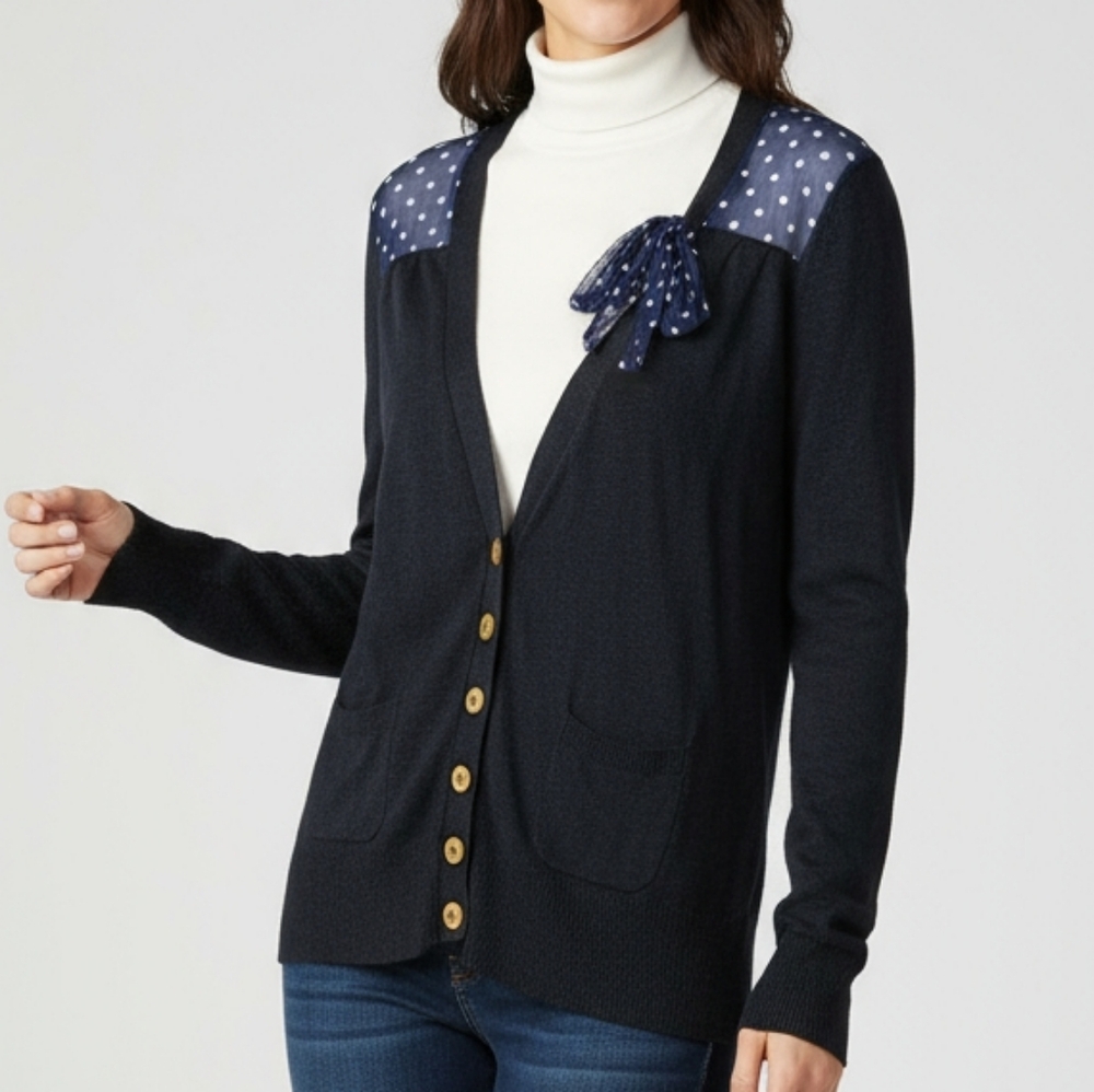 Sparrow Navy Blue Knit Silk‎ Contrast Polka Dot Sheer Bow Accent V-Neck Cardigan